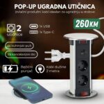 Izvlačna ugradna utičnica za sto - 15W Wireless punjač, 2x Schuko, USB + TypeC