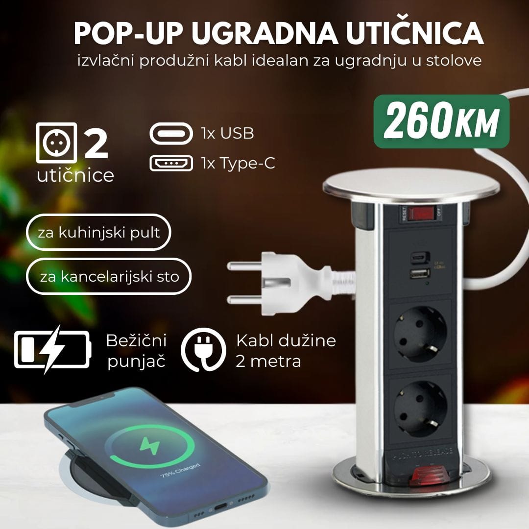 Popup ugradna utičnia naslovna Izvlačna ugradna utičnica za sto - 15W Wireless punjač, 2x Schuko, USB + TypeC - Image 1
